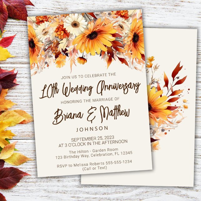 Beige Fall Floral 10th Wedding Anniversary  Invitation (Creator Uploaded)
