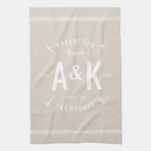 Beige Farmhouse Arrow Monogram Editable Colours Tea Towel