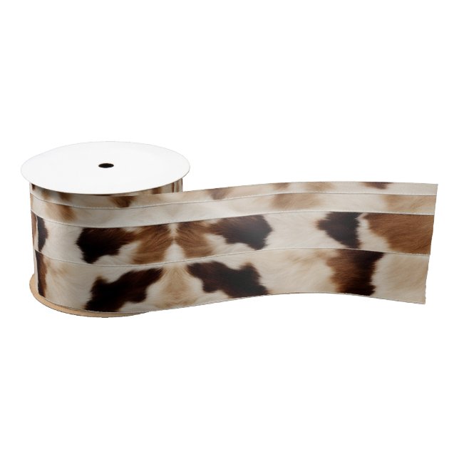 Beige Farmhouse Cow Print Cowboy Western Country  Satin Ribbon (Spool)