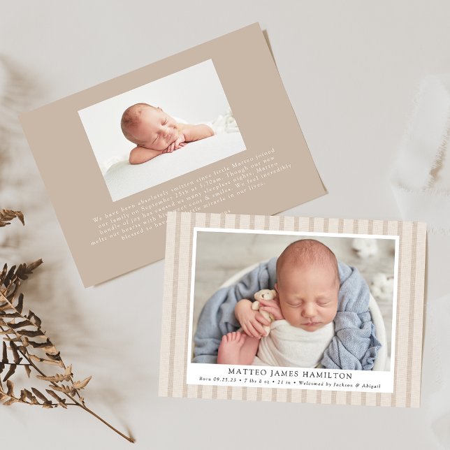 Beige Farmhouse Linen Stripes 2 Photo Birth Announcement (Creator Uploaded)