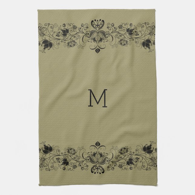 Beige Faux Linen & Black Swirls Lace Tea Towel (Vertical)