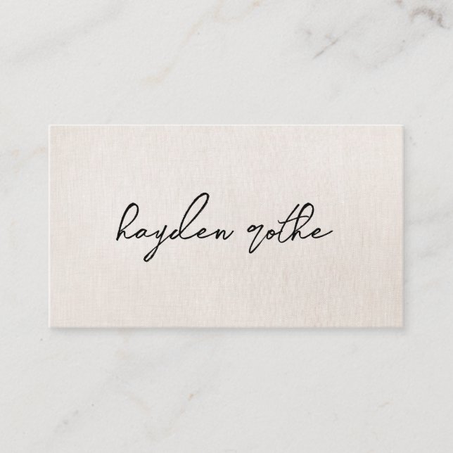 Beige Faux Linen Signature Script  Business Card (Front)