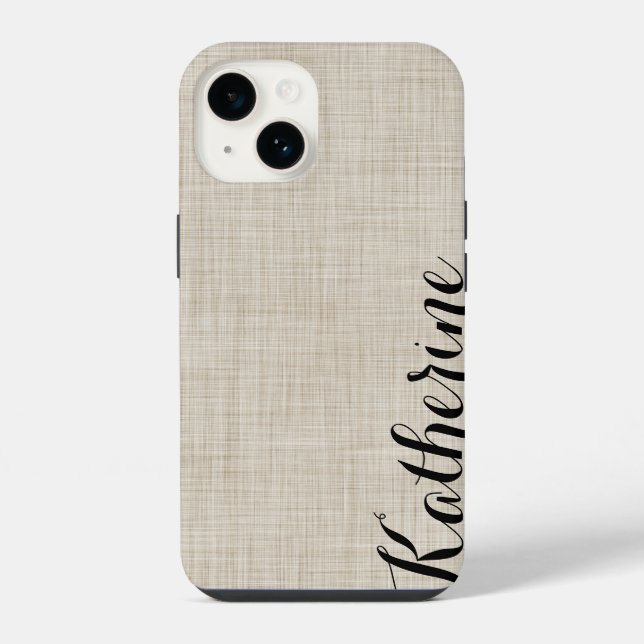 Beige Faux Linen Texture Custom Monogram iPhone Case (Back)