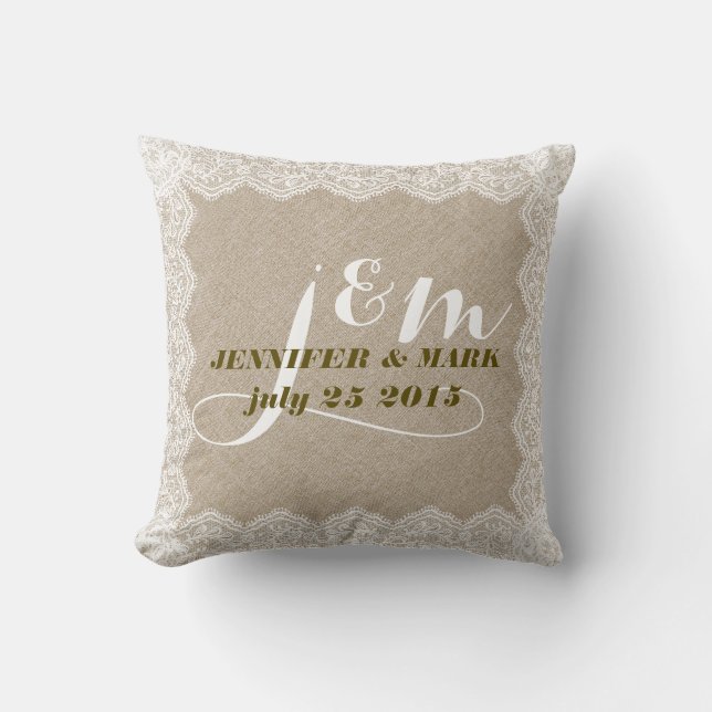 Beige Faux Linen & White Lace Wedding Pillow (Front)