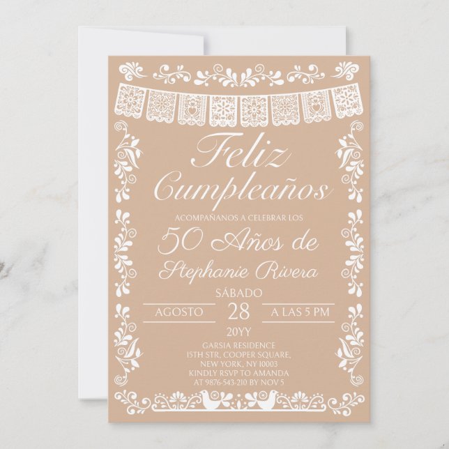 Beige Feliz Cumpleaños 50th Birthday Invitation (Front)