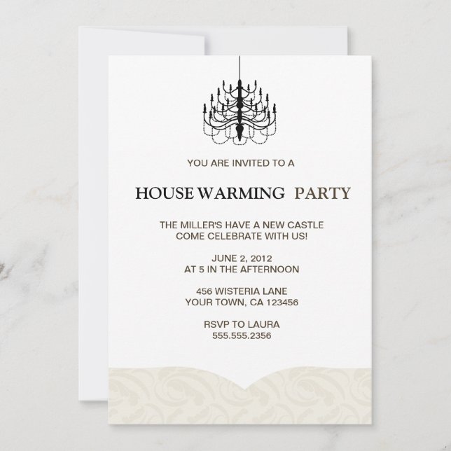 Beige Fern and Chandelier Housewarming Invitations (Front)