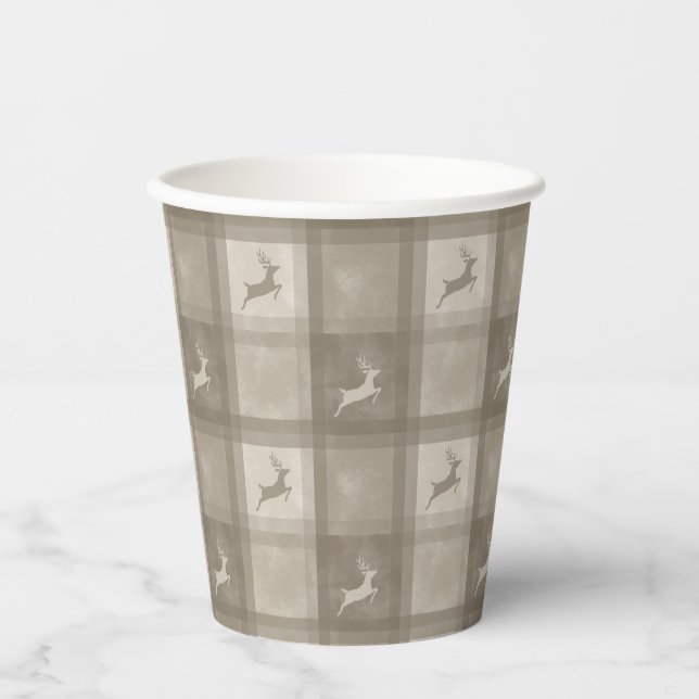 Beige Festive Plaid With Reindeer Christmas Paper Cups (Front)