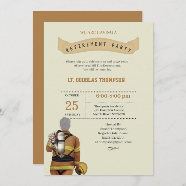 Beige  Firefighter  Retirement Party     Invitation (Front/Back)