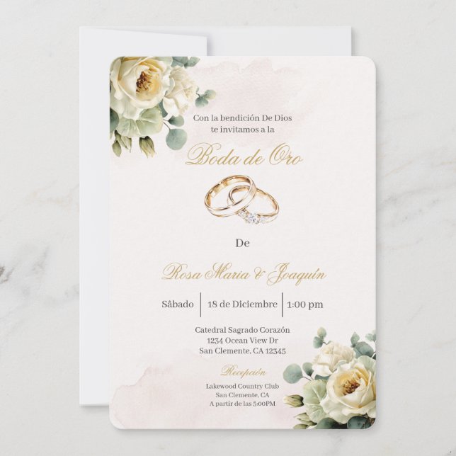  Beige flor blanca Boda de oro editable Invitation (Front)