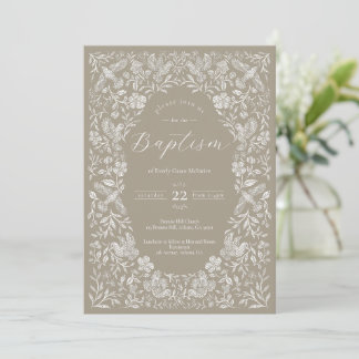 Beige Floral Birdie Baby Baptism Invitation