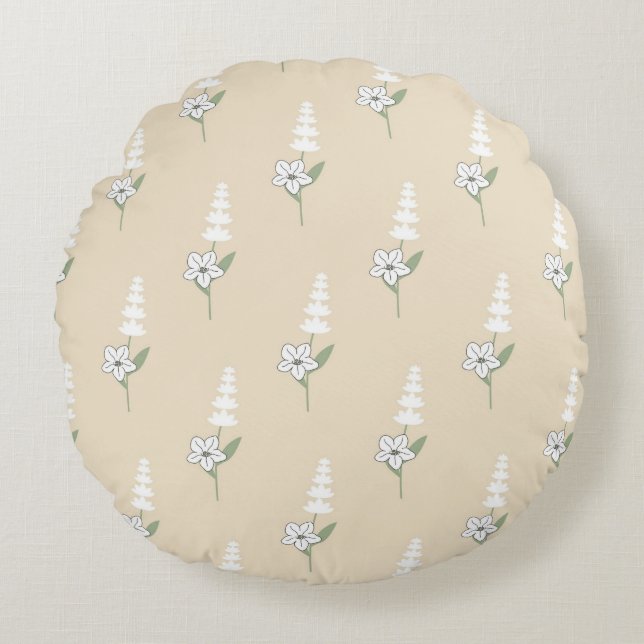 Beige Floral Bohemian Botanical Pattern Round Cushion (Front)