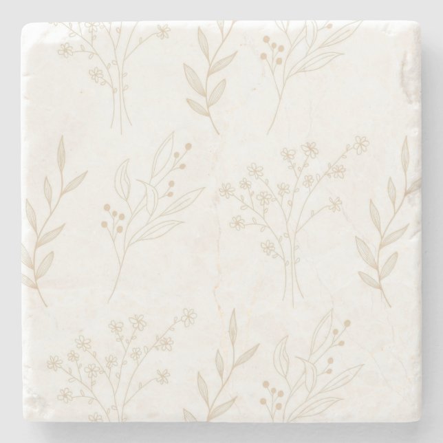 Beige Floral Boho Wedding Stone Coaster (Front)