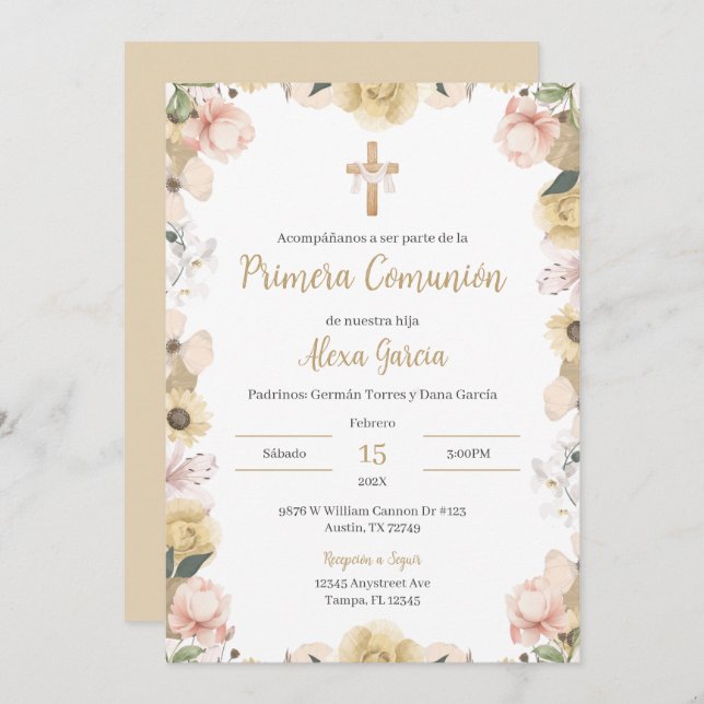Beige floral First Communion Invitation (Front/Back)
