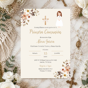 Beige floral First Communion Invitation