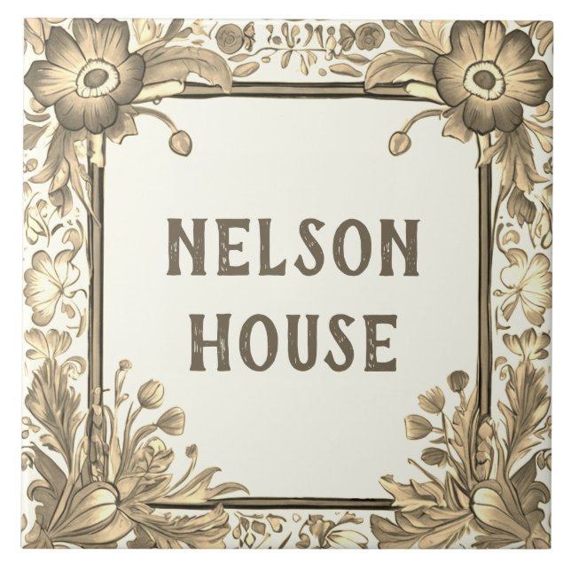 Beige Floral Flowers Custom House Name Plate Sign Tile (Front)