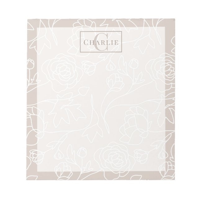 Beige Floral Line Art, Custom Monogram Dog Cat Pet Notepad (Front)
