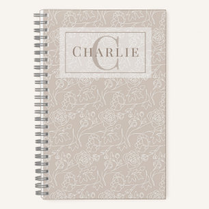 Beige Floral Line Art, Custom Monogram Pet Spiral Notebook