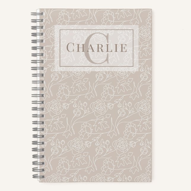 Beige Floral Line Art, Custom Monogram Pet Spiral Notebook (Front)