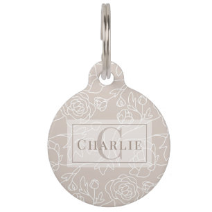 Beige Floral Line Art Personalised Dog Cat Pet Tag