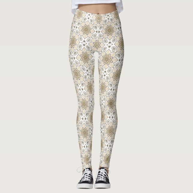 Beige Floral Mandala Circle Batik Pattern  Leggings (Front)