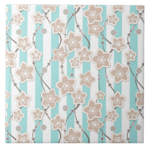 beige floral pattern on mint with white striped tile