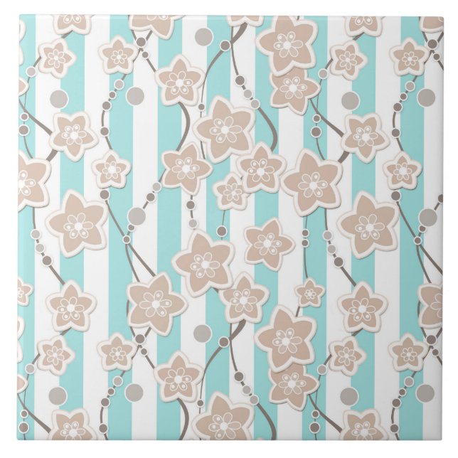 beige floral pattern on mint with white striped  tile (Front)