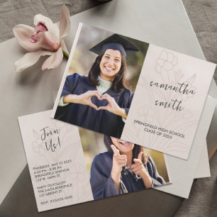 Beige Floral Photo Graduation Invitation