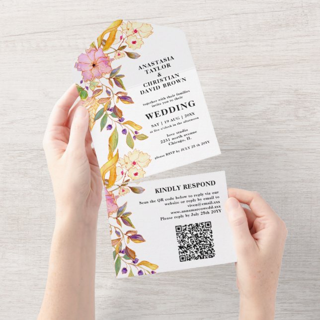 Beige Floral QR Code All In One Invitation (Tearaway)