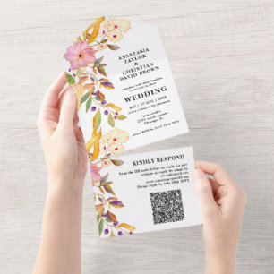 Beige Floral QR Code All In One Invitation