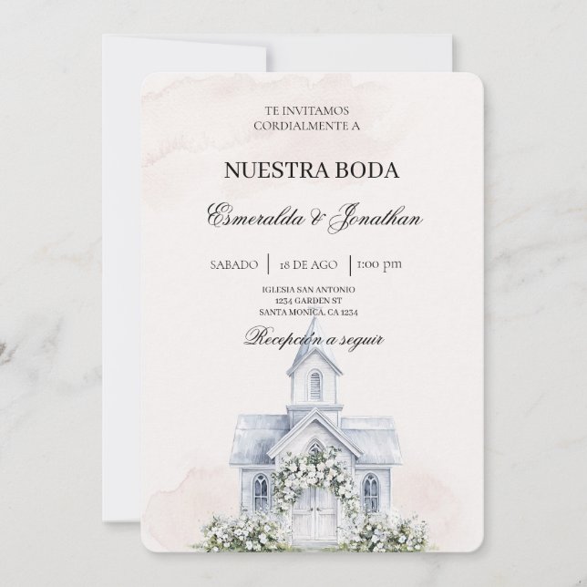 Beige Floral Spanish church Wedding Invitation (Front)