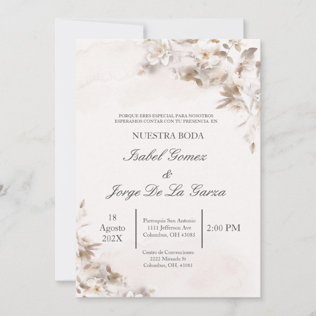 Beige Floral Wedding invitation in Spanish (Front)