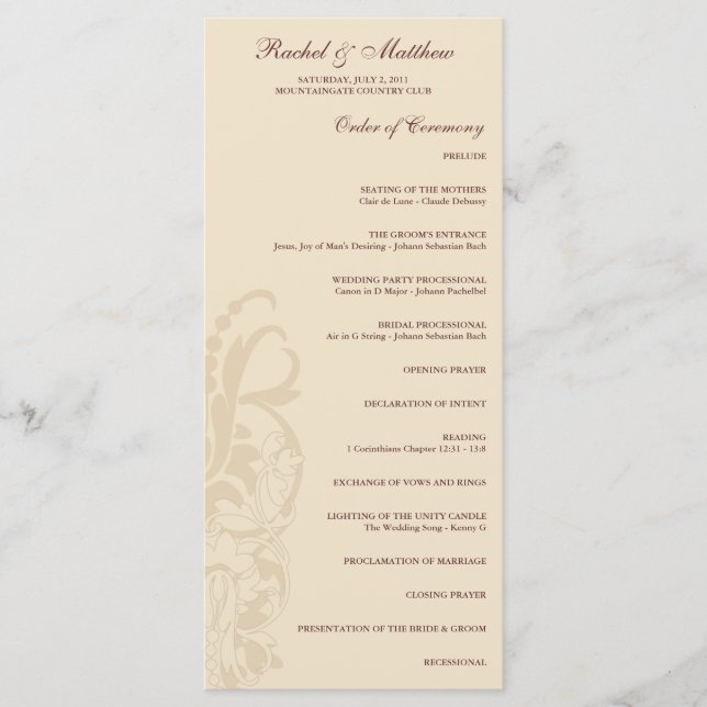 Beige Floral Wedding Program Programme (Front)
