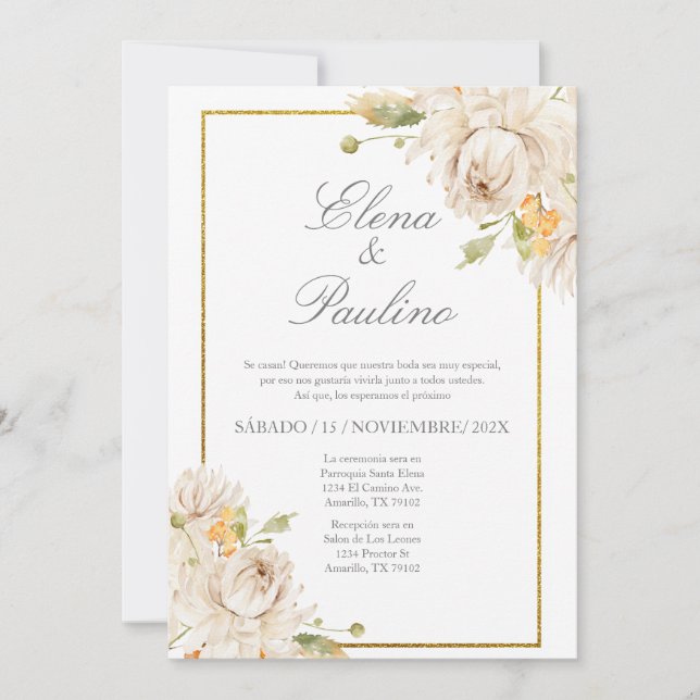 Beige flower Elegant Wedding Invitation in Spanish (Front)