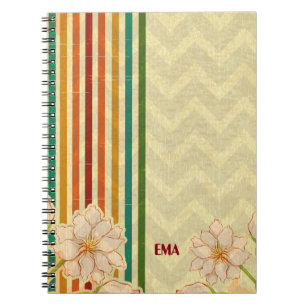 Beige Flowers Colourful Stripes Notebook