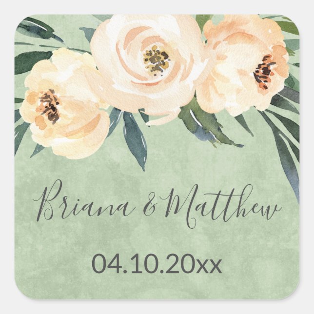 Beige Flowers Green Wedding Favours Square Sticker (Front)