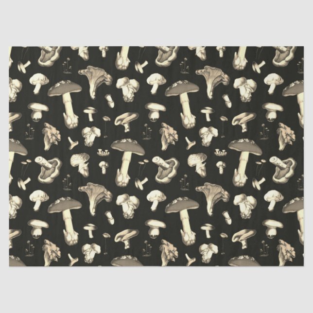 Beige Forest Mushroom Pattern on Dark Brown Tissue Paper (Front)