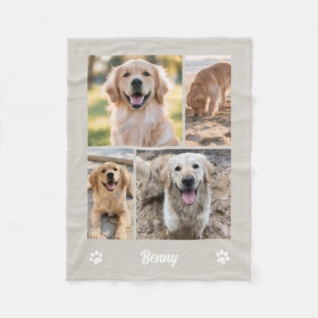 Beige Four Photo Dog Collage Keepsake  Fleece Blanket (Front)