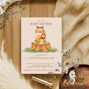 Beige Fox Watercolor Mum Baby Boy Shower Invitation