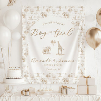 Beige Gender Reveal Banner Safari Toile Tapestry