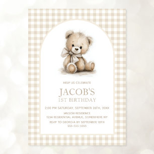 Beige Gingham Arch Teddy Bear Boy 1st Birthday Invitation