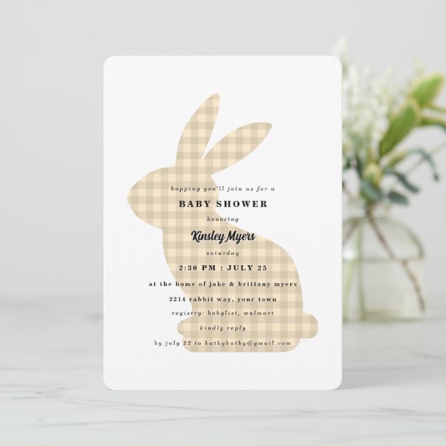 Beige Gingham Bunny Baby Shower Invitation (Standing Front)