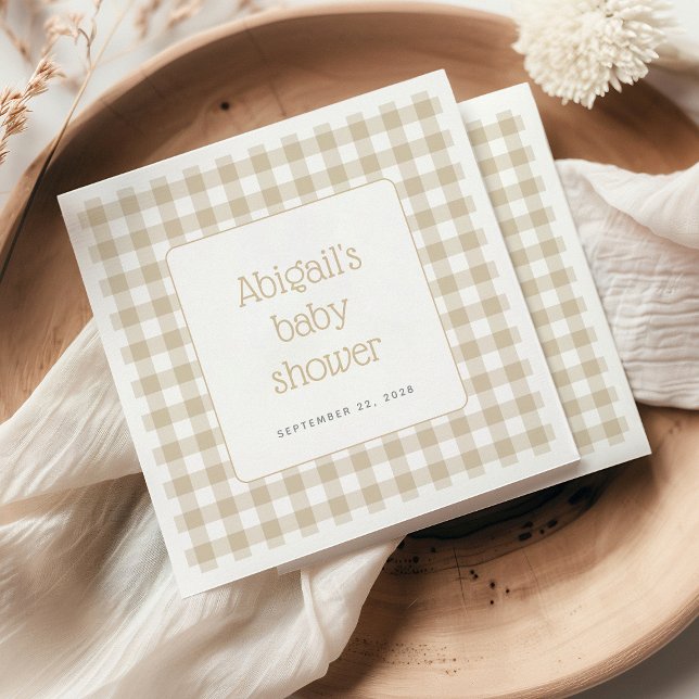 Beige Gingham Check Neutral Rustic Baby Shower Napkin (Creator Uploaded)
