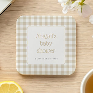 Beige Gingham Check Rustic Baby Shower Square Paper Coaster