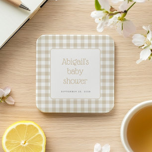 Beige Gingham Check Rustic Baby Shower Square Paper Coaster