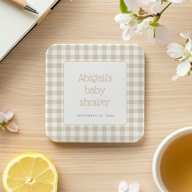 Beige Gingham Check Rustic Baby Shower Square Paper Coaster (Creator Uploaded)