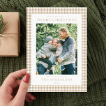 Beige Gingham Christmas Photo Holiday Card<br><div class="desc">Create your own custom photo Christmas cards featuring one of your favourite family pictures alongside personalised minimalist typography name and year on a cute beige gingham plaid pattern background.</div>