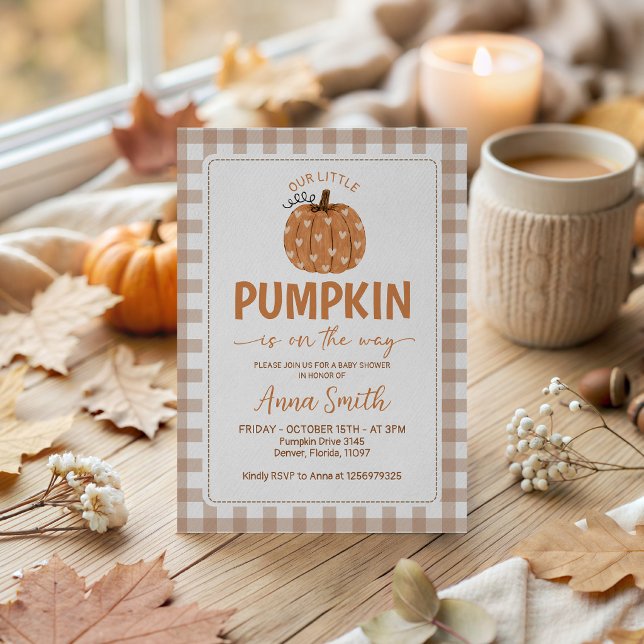 Beige Gingham Heart Pumpkin Baby Shower Invite (Creator Uploaded)