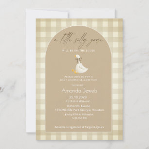 Beige Gingham Little Goose Brown Bow Baby Shower Invitation