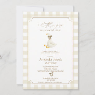 Beige Gingham Little Goose Brown Bow Baby Shower Invitation