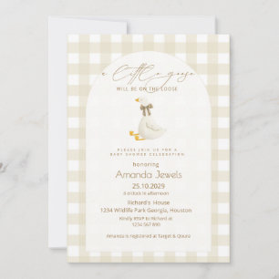 Beige Gingham Little Goose Brown Bow Baby Shower Invitation